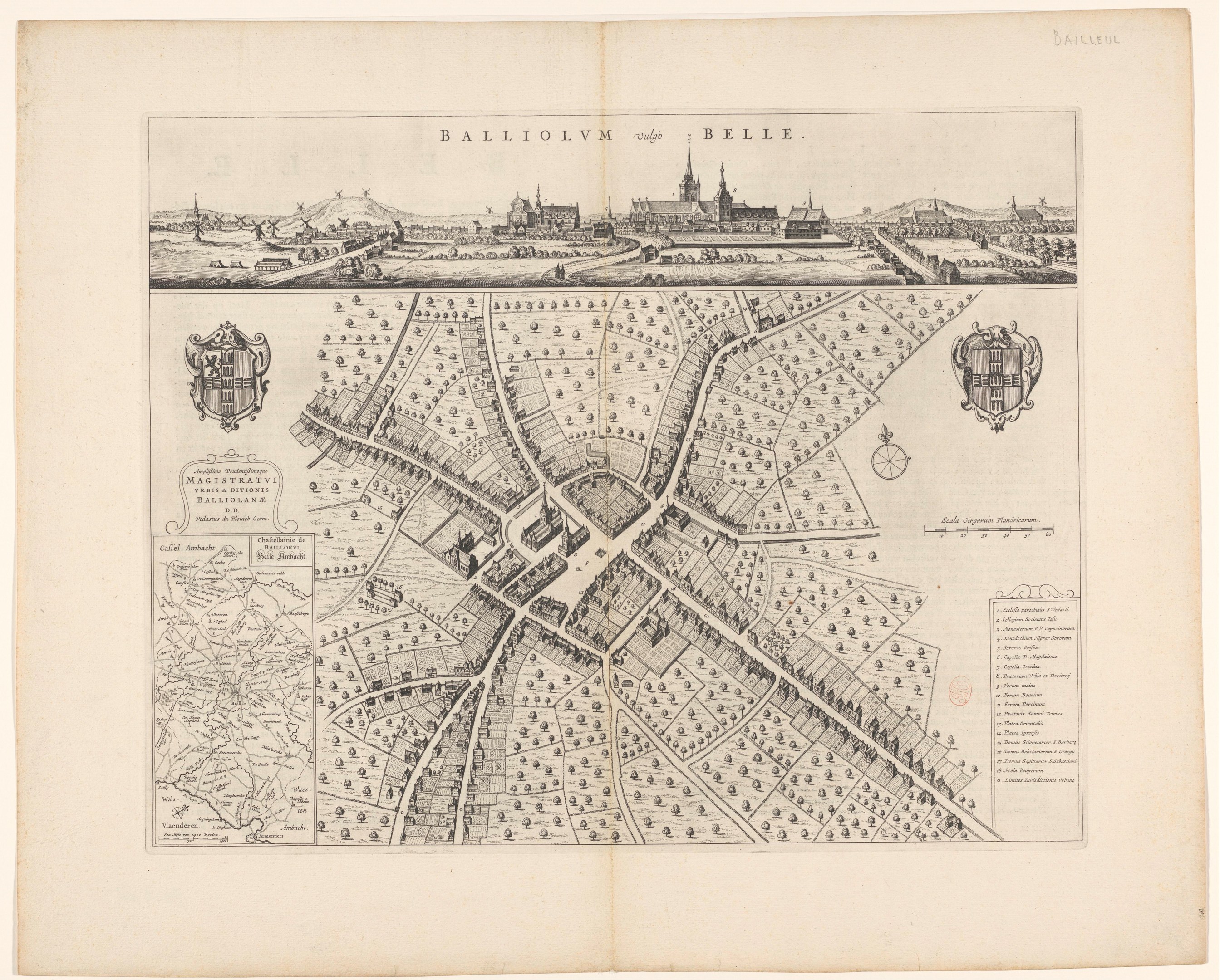Detailed map of Balliolvn, Belgium, on the cover of an old book, showing streets, buildings, and landmarks with accompanying text.
