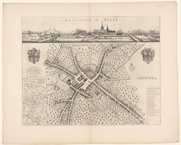 Detailed map of Balliolvn, Belgium, on the cover of an old book, showing streets, buildings, and landmarks with accompanying text.