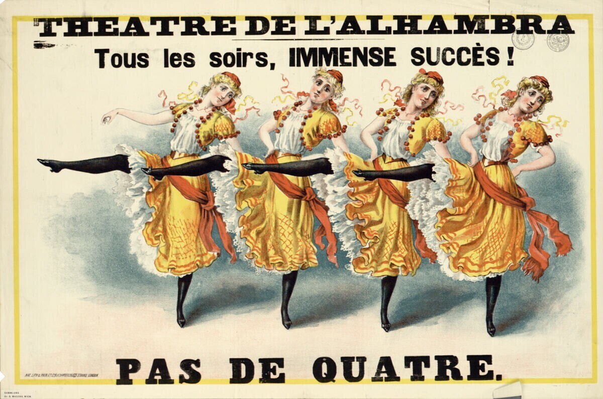 Poster for the Theatre de l'Alhambra in Paris featuring a group of smiling women in colorful dresses dancing.