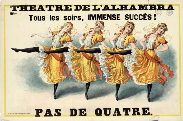 Poster for the Theatre de l'Alhambra in Paris featuring a group of smiling women in colorful dresses dancing.