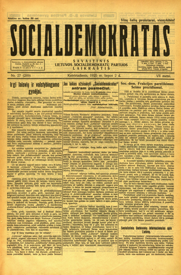 Old newspaper with the bold black headline "Social Demokratas" on a yellowed, aged paper bordered in black.