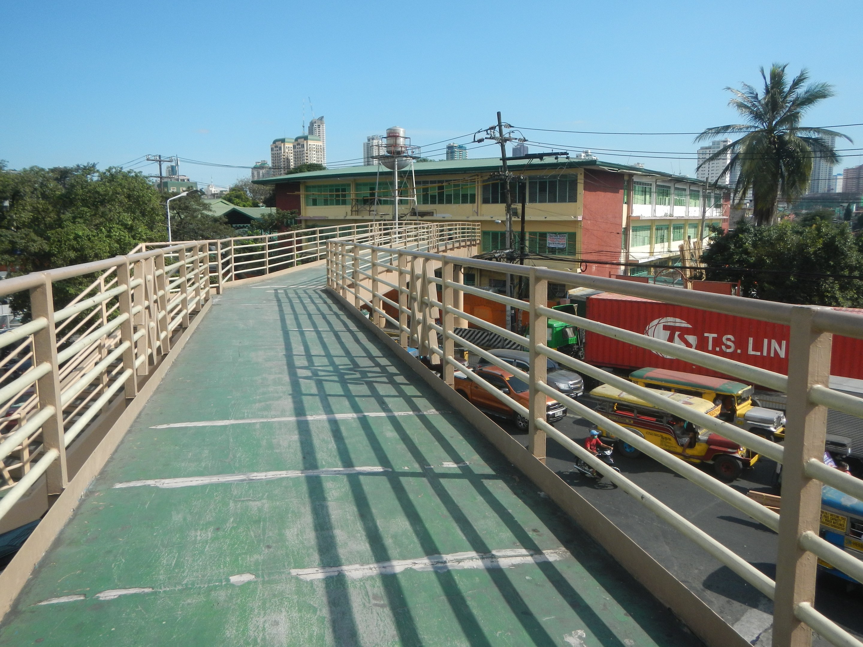 Eine Fußgängerbrücke mit Geländern spannt sich über eine Straße mit Fahrzeugen, flankiert von Bäumen und Gebäuden mit Fenstern, unter einem Himmel mit Strommasten und Drähten.