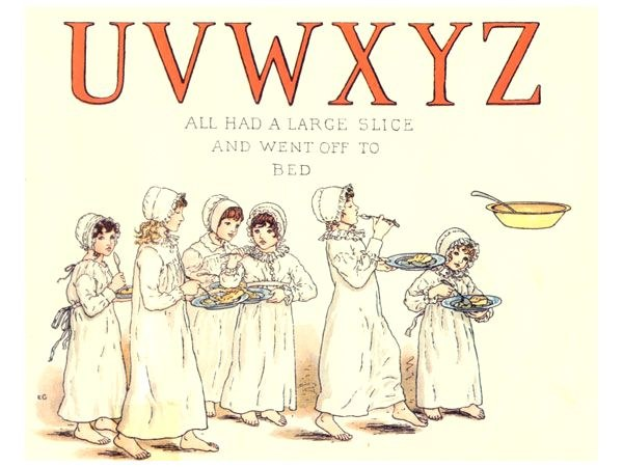 Eine Gruppe von Menschen mit Tellern mit Essen, mit einer Schüssel und Löffel auf der rechten Seite und dem Text "Uwxyz - Alle hatten eine große Scheibe und gingen ins Bett" oben.
