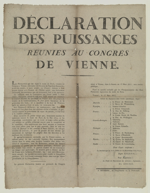 Old document titled "Declaration des Puissances Reunies au Congres de Vienne" on a white background.