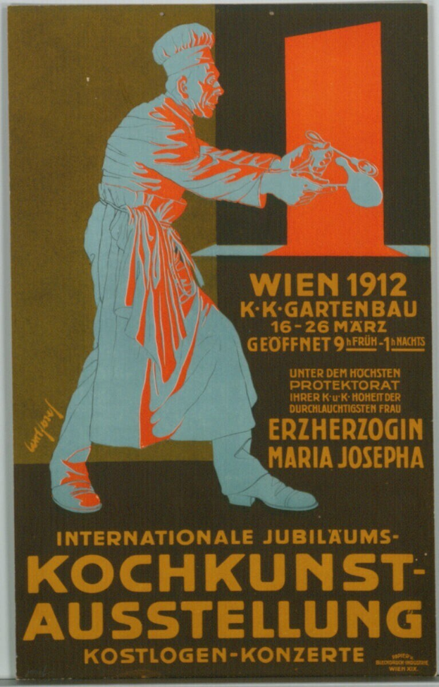 Poster for the 1912 Internationale Jubiläums Kochkunst-Ausstellung featuring a person in a white shirt and black hat with a determined expression, surrounded by bold black text on a bright yellow background.