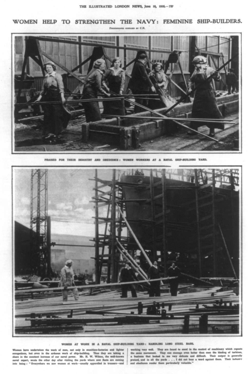 Schwarzes und weißes Foto von Frauen, die Metallschiffteile zusammenbauen, mit dem Text "Frauen stärken die Marine - Schiffbauerinnen" oben und unten.