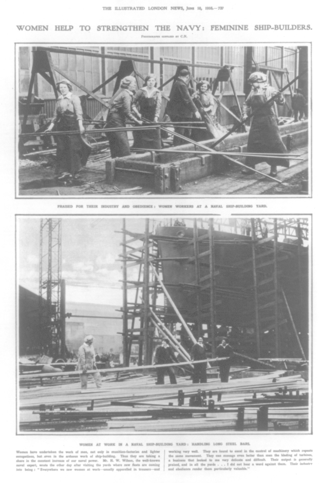 Schwarzes und weißes Foto von Frauen, die Metallschiffteile zusammenbauen, mit dem Text "Frauen stärken die Marine - Schiffbauerinnen" oben und unten.