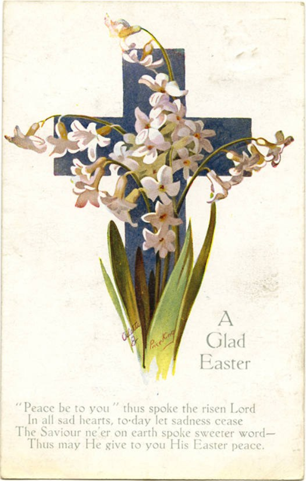 Alte Postkarte mit einem blumengeschmückten Kreuz und dem Text "Ein frohes Ostern."