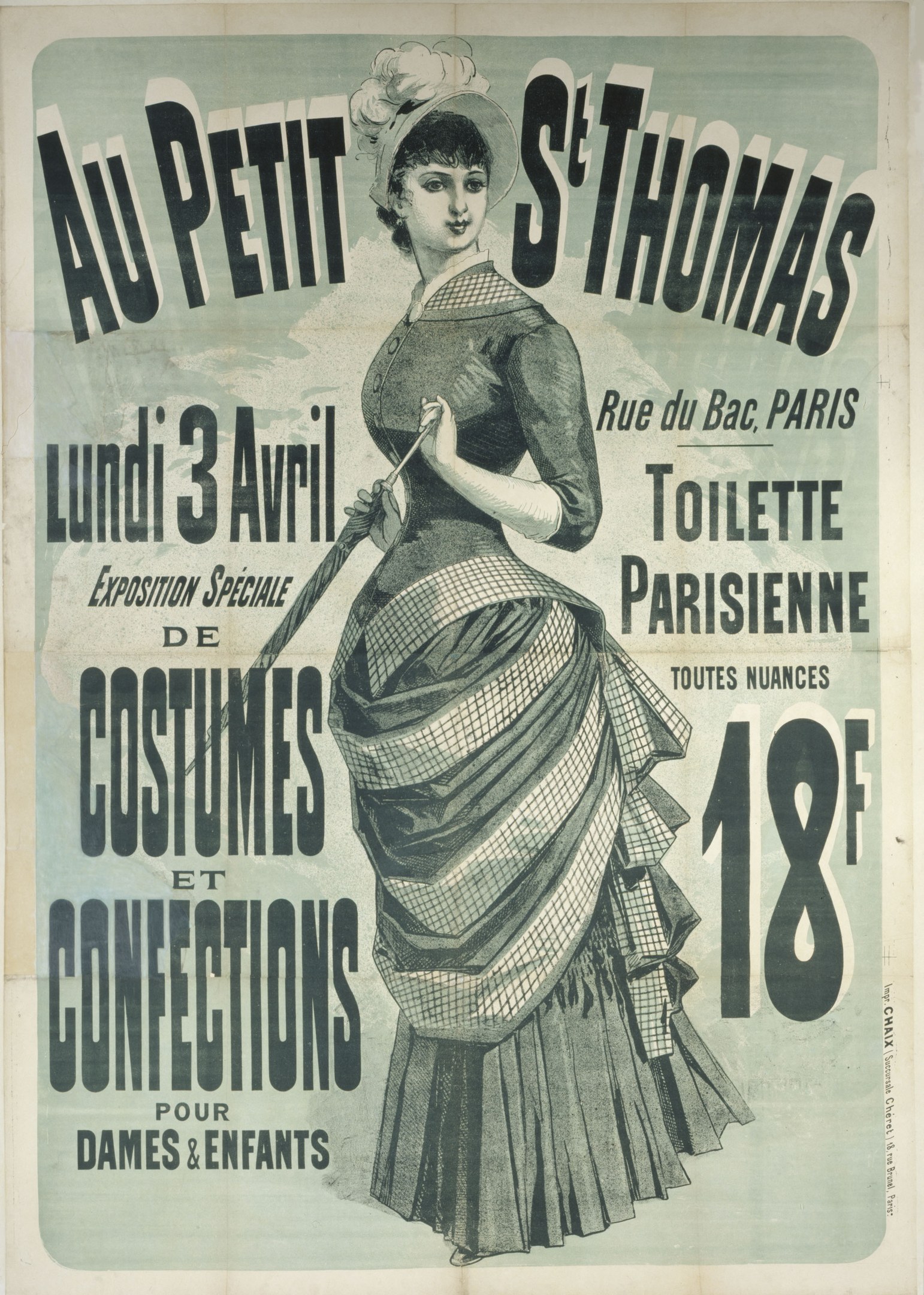 Ein Vintage-Plakat für eine Kostümvorstellung, das eine Frau in einem langen, hochgeschlossenen, langärmeligen Kleid mit einem Dutt zeigt, anmutig mit gefalteten Händen posiert.