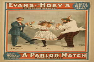 Ein Vintage-Plakat mit einem Mann und einer Frau in Abendgarderobe beim Tanzen, mit der Aufschrift "Evans und Hoeys Evergreen-Erfolg: Ein Salon-Turnier" oben.