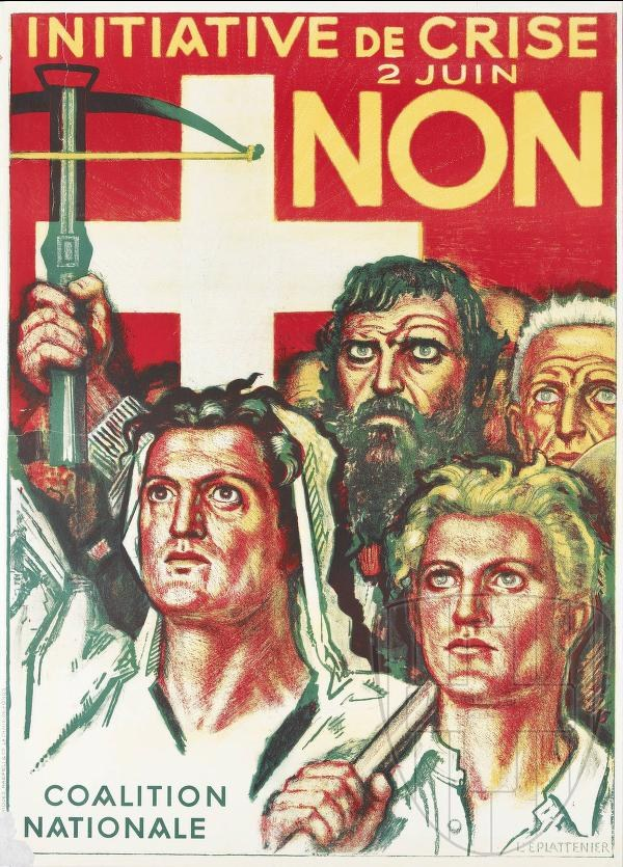 Plakat für die Coalition Nationale, eine Initiative de crise non, mit einer Gruppe von Menschen, die einen Hammer und eine Sichel halten, und Text, der Informationen über die Organisation bereitstellt.