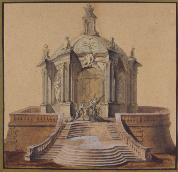 Ein gerahmtes Zeichnung eines klassisches Brunnens mit einer Statue darauf, umgeben von Treppen und zusätzlichen Skulpturen.