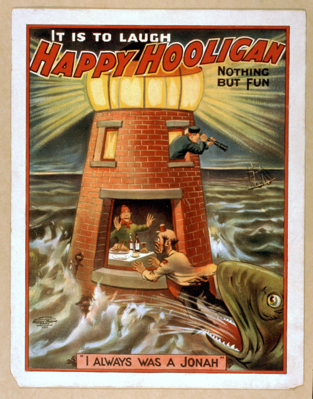 Poster featuring a lighthouse at center, surrounded by people, a fish, and water, with text reading "It is to laugh, happy hooligan, nothing but fun" at top and bottom.