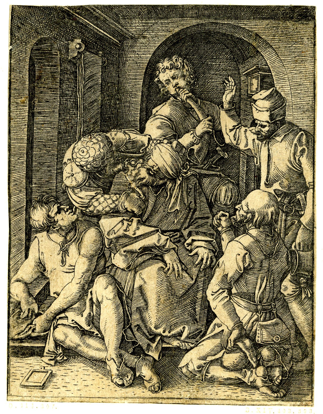 Black and white engraving titled "Albrecht Dürer - The Adoration of the Magi" showing a group of people in distress, with one seated person at the center.