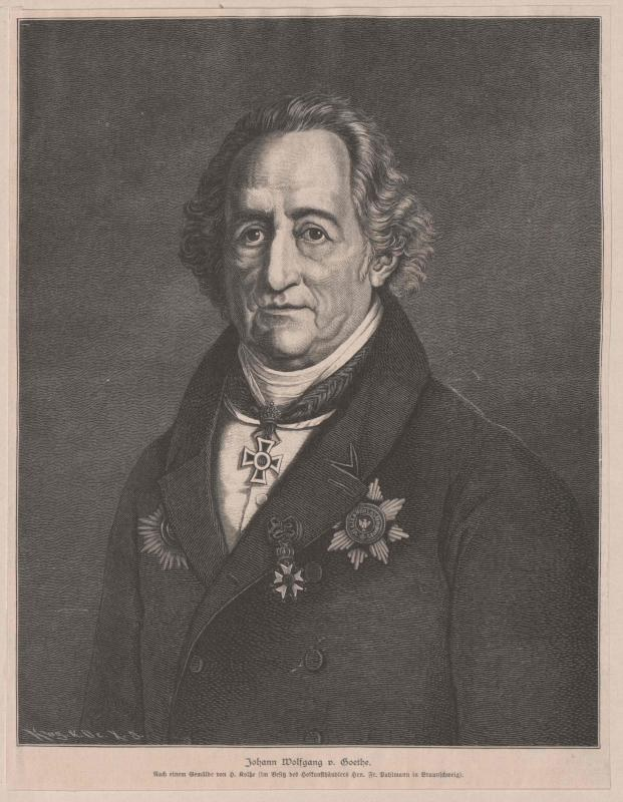 Schwarz-weißes Kupferstichbild von Johann Wolfgang von Goethe, einem deutschen Staatsmann, der eine mit Medaillen verzierte Jacke trägt, mit Text unten.