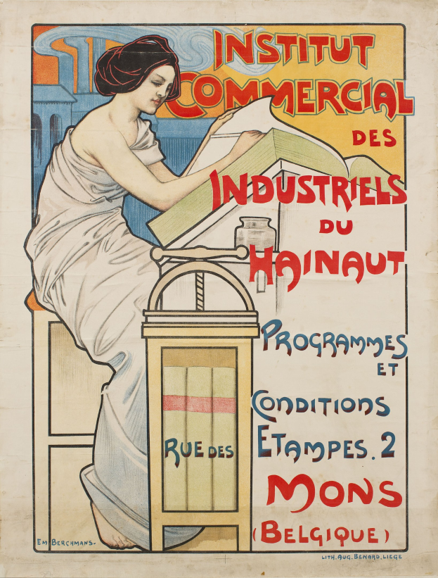 Poster for the Institut Commercial des Industriels du Hainaut featuring a woman seated at a table holding a book, with text providing information about the institute.