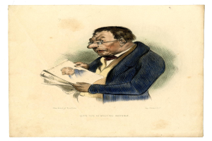 A man in a suit and tie reads a newspaper with visible text, wearing glasses and displaying a serious expression.