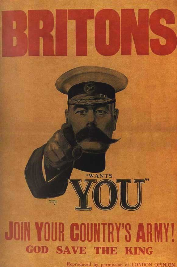 Britisches Militärwerbeplakat mit einer Person und dem Text "Britons Wants You - Join Your Country's Army - God Save the King."