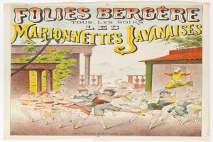 Ein Plakat, das eine Tanzshow in Paris ankündigt, zeigt im Vordergrund eine Gruppe von Menschen, die tanzen, im Hintergrund ein Gebäude, Bäume und Himmel sowie Text auf dem Plakat.