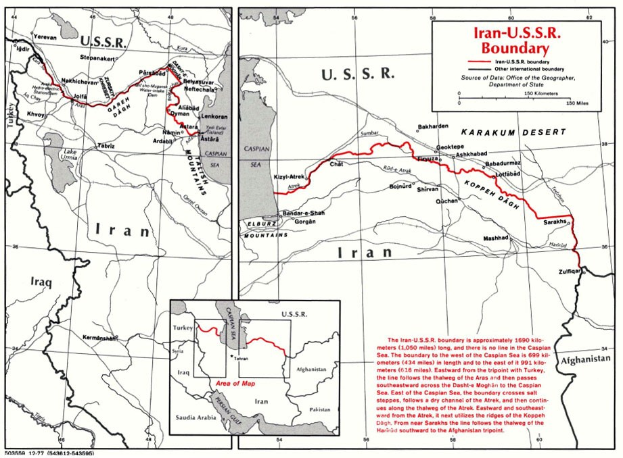 Detailed poster map of the Iranian-USSR boundary with geographical features and country borders, accompanied by explanatory text.