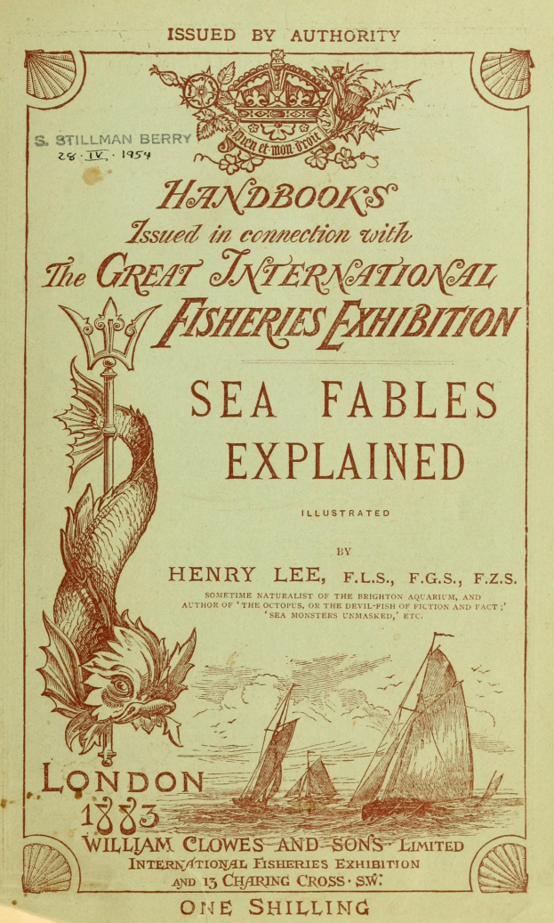 An old book with a fish illustration on the cover, accompanied by text and boat images, likely a handbook about sea fables.