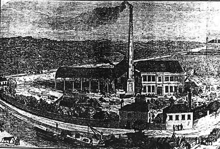 Schwarz-weiß-Zeichnung einer Fabrik in einem Feld mit Gebäuden, Bäumen und einem Mast im Vordergrund, beschriftet mit "The New York State Penitentiary" unten.