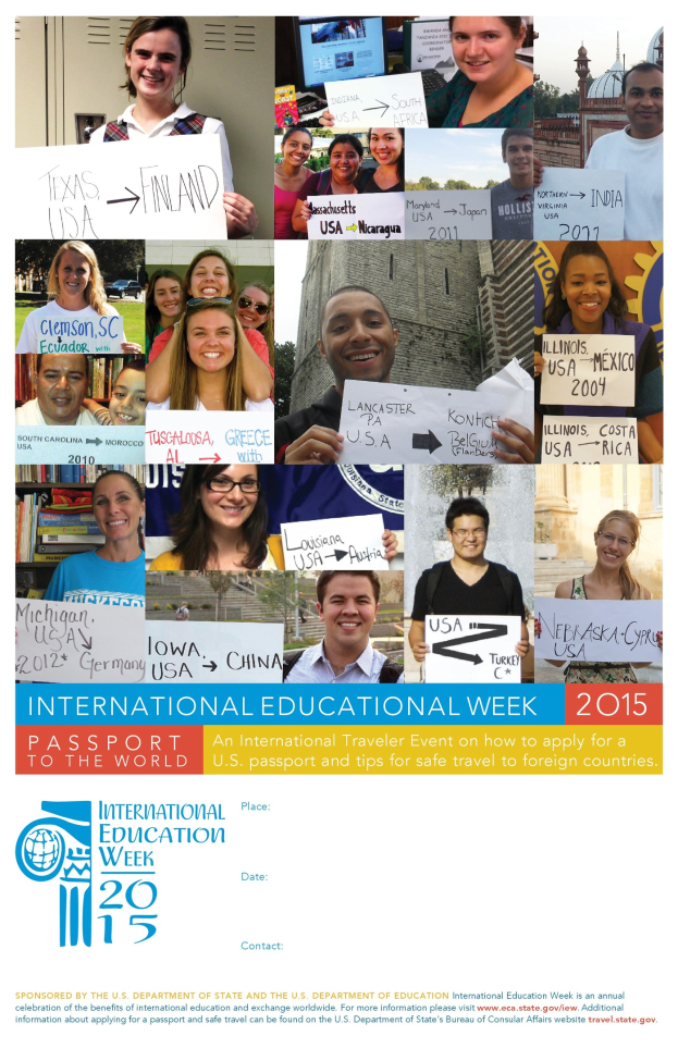 Plakat für die Internationale Bildungswoche 2015 mit einer vielseitigen Gruppe von lächelnden Menschen, die Schilder mit veranstaltungsbezogenem Text halten.