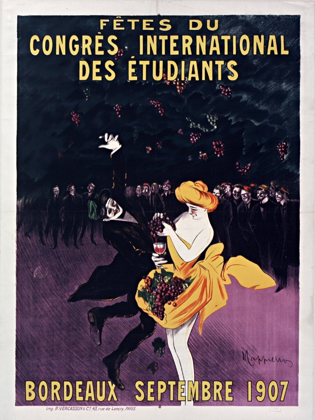 Plakat aus dem Jahr 1907, das ein Weinprobe-Event in Bordeaux, Frankreich, bewirbt, das eine Frau in einem gelben Kleid zeigt, die ein Weinglas hält, umgeben von einer Gruppe von Menschen.