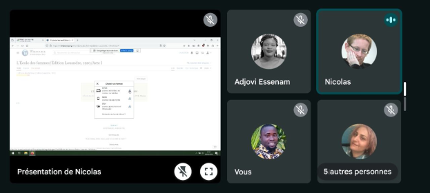 Screenshot eines Microsoft Teams-Fensters auf Windows 10, das einen Gruppen-Videoanruf mit einem Chat-Dialogfeld links und Teilnehmer-Videobildern rechts anzeigt.