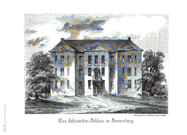 A drawing of a large building with many windows, surrounded by trees under a cloudy sky, labeled "Das Johannite-Sibloss in Sonnenburg" at the bottom.