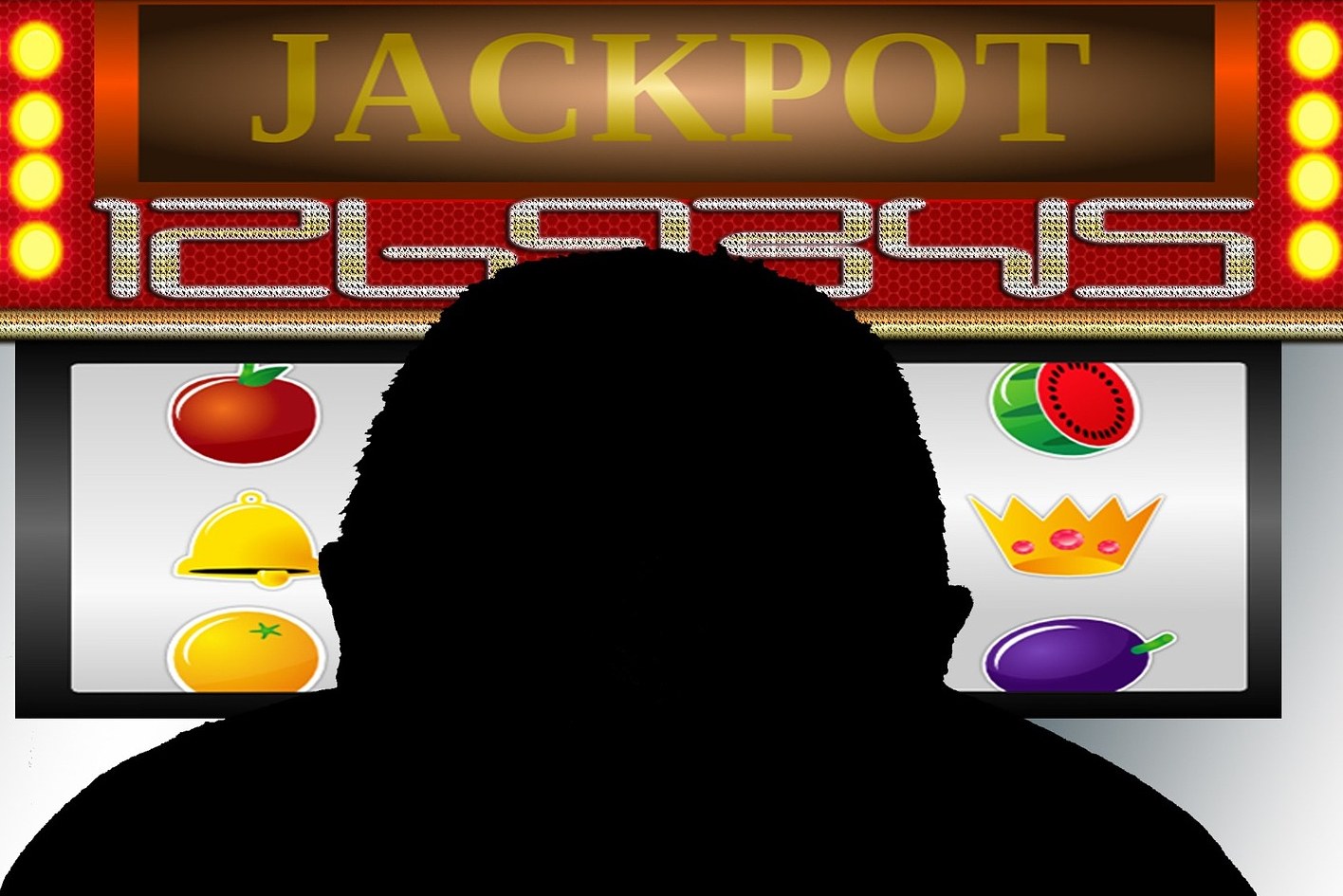 Ein Mann spielt ein Online-Slot-Spiel mit einer "Jackpot"-Anzeige, umgeben von frucht-themen Icons und Text.
