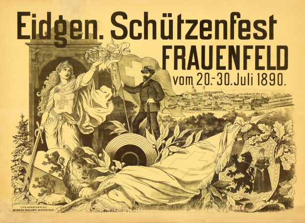 Alter Plakatentwurf für das Eidgenössische Schützenfest in Frauenfeld, Deutschland, mit einem Mann in einem Anzug und einer Frau in einem Kleid sowie Ereignisinformationen im Text.