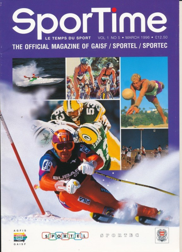 Ein Magazin-Cover mit der Aufschrift "Sporttime Magazine - März 1996", das Bilder von Skifahrern und Snowboardern zeigt, sowie Text und Logos enthält.
