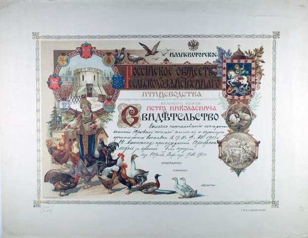 Certificate issued by the Russian Federation featuring an illustration of a man standing among hens, surrounded by various bird and object images, with printed text.