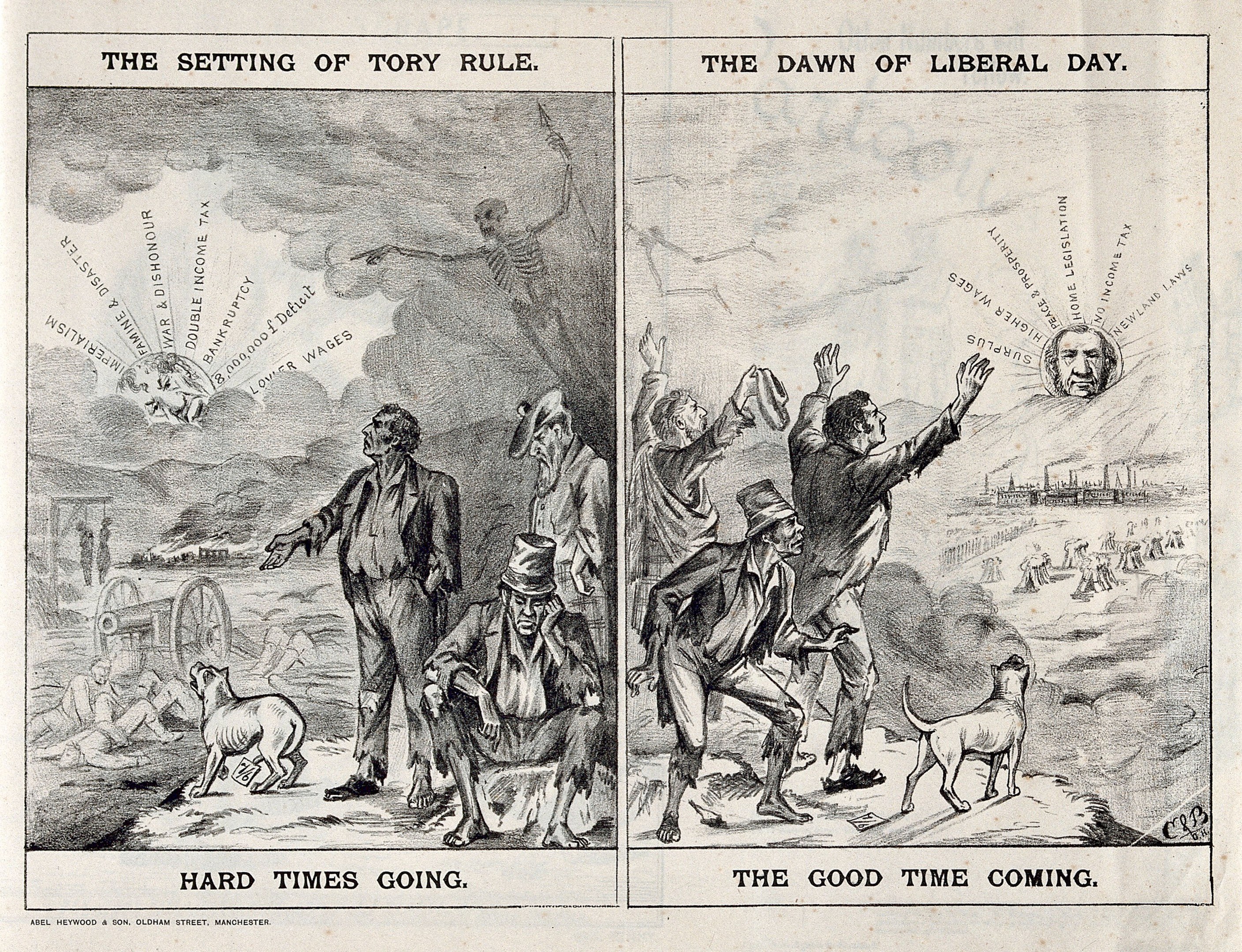 Black and white illustration showing a transition from Tory rule to liberal governance, featuring people, animals, and objects.