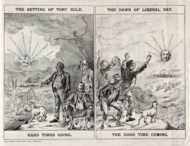 Black and white illustration showing a transition from Tory rule to liberal governance, featuring people, animals, and objects.