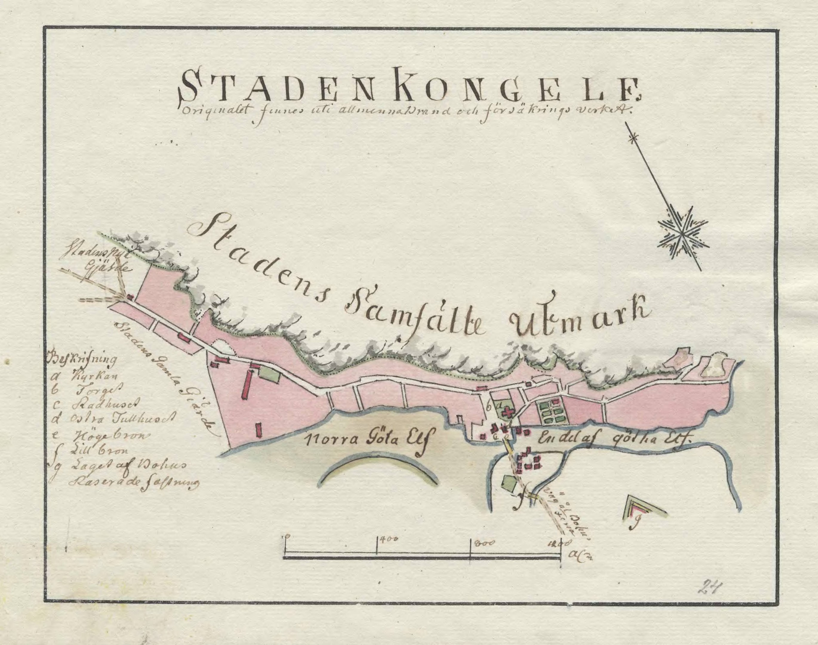 Detailed paper map of Stadenkongle, Sweden, showing streets, buildings, and landmarks with handwritten text.