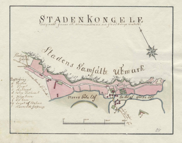 Detailed paper map of Stadenkongle, Sweden, showing streets, buildings, and landmarks with handwritten text.