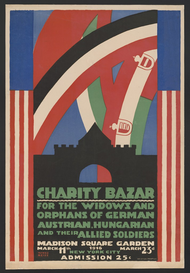 Charity Bazaar Plakat für die Witwen und Waisen deutscher, australischer, ungarischer und alliierter Soldaten mit Veranstaltungsdetails.