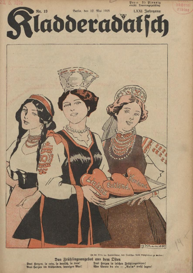 Altes Buchcover mit drei Frauen in traditioneller bayerischer Tracht, eine h├Ąlt ein herzf├Ârmiges Objekt auf einem Teller, mit Text "Riaderadatich, September 1918".