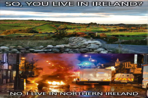 Oberbild: eine Landschaft mit Gras, Bergen und Vegetation. Unterbild: Fahrzeuge auf einer Stra√üe mit Feuer.