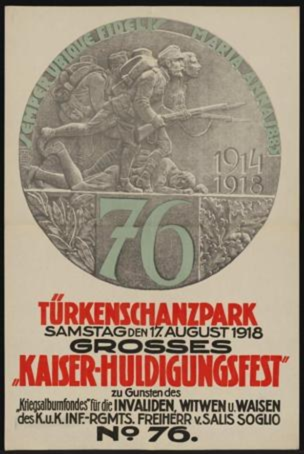 Plakat zum 70. Jubiläum des Kaiser-Huldigungsfestes in Berlin, Deutschland, mit einer Gruppe von Menschen, die von Text und Zahlen umgeben ist und in einem klassischen Photo-Frame angezeigt wird.