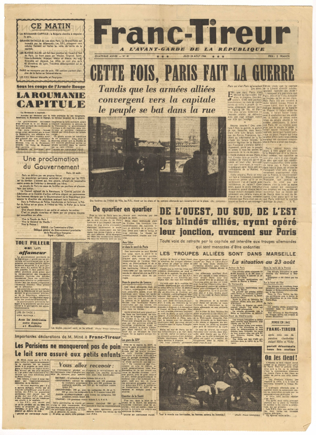 Titelseite der französischen Zeitung *Franc-Tireur* mit der Schlagzeile "Cette Fois, Paris Fait La Guerre", die Bilder eines Mannes im Anzug, einer Frau in einem Kleid, eines Mannes mit Hut und einer Frau mit Stock zeigt.