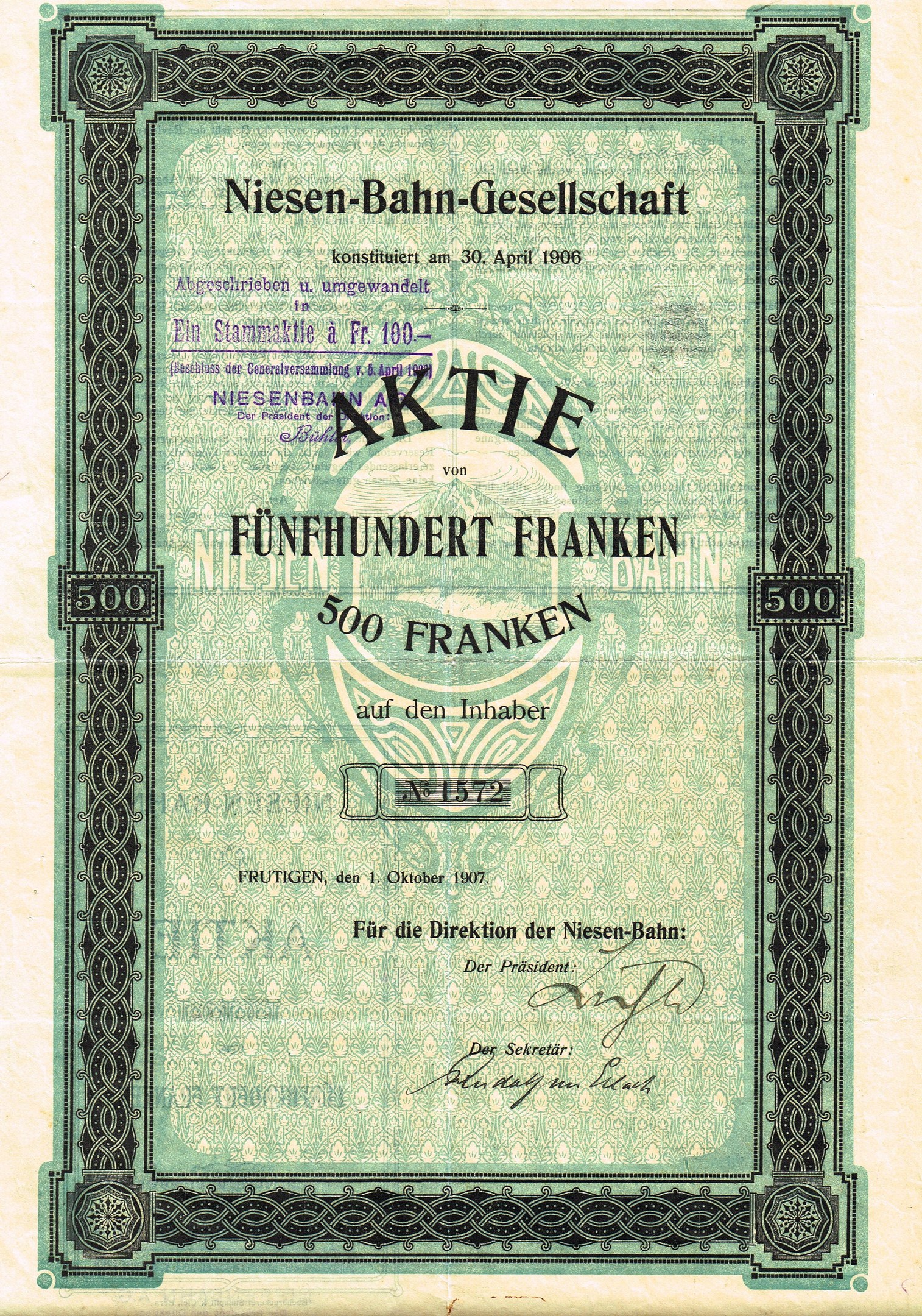 Old German stock certificate with a green border, labeled "Niesen-Bahn-Gesellschaft," issued by the German government.