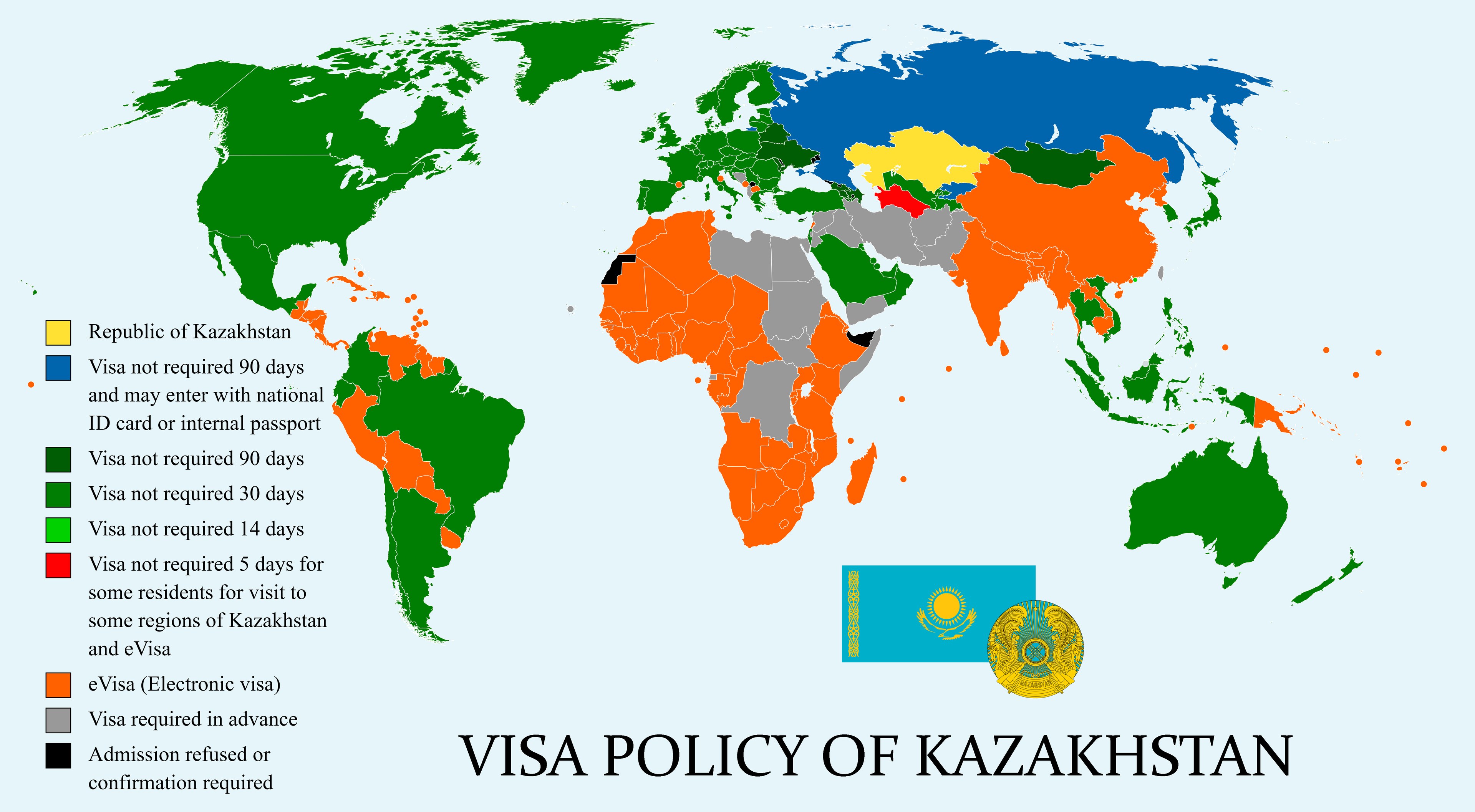 World map colored to indicate Kazakhstan's visa policy, with the caption "Visa Policy of Kazakhstan" at the bottom.