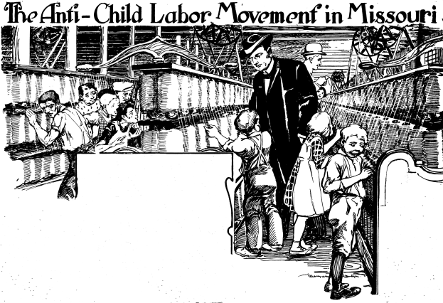 Plakat mit der Aufschrift "Die Anti-Kinderarbeit-Bewegung in Missouri" zeigt eine Gruppe von Menschen in traditioneller Kleidung mit besorgten Gesichtern, einige schauen ängstlich nach oben und andere niedergeschlagen nach unten.