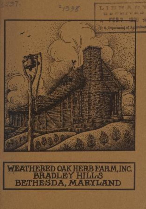 Alter Buchumschlag mit der Aufschrift "Weathered Oak Herb Farm, Inc." und einer Illustration einer verwitterten Eichenkrautfarm in Bradley Hills, Bethesda, Maryland, umgeben von grünem Gras und Vögeln am Himmel.