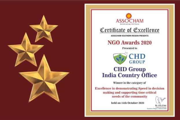 Certificate of excellence for the Ngo Awards 2020 awarded to Chd Group India Country Office, featuring a shield logo with a star and laurel wreath.
