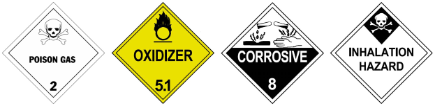 Vier gelb-schwarze Gefahrenzeichen mit der Aufschrift "Oxidationsmittel", "Korrosiv" und "Lungengefährlich", die ein Totenkopf-Symbol zeigen.