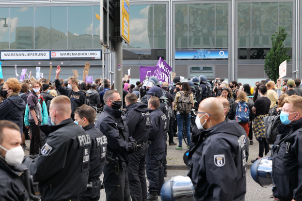 Große Gruppe von Menschen protestiert vor einem Gebäude, einige halten Schilder und tragen Helme, mit einem Pfahl und einer Tafel im Vordergrund und einem Baum im Hintergrund.